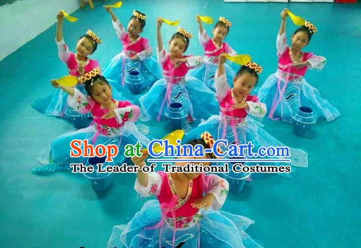 Traditional Chinese Yangge, Children Fan Dancing Wholesale Costume, Folk Dance Yangko Costume Dancewear for Kids