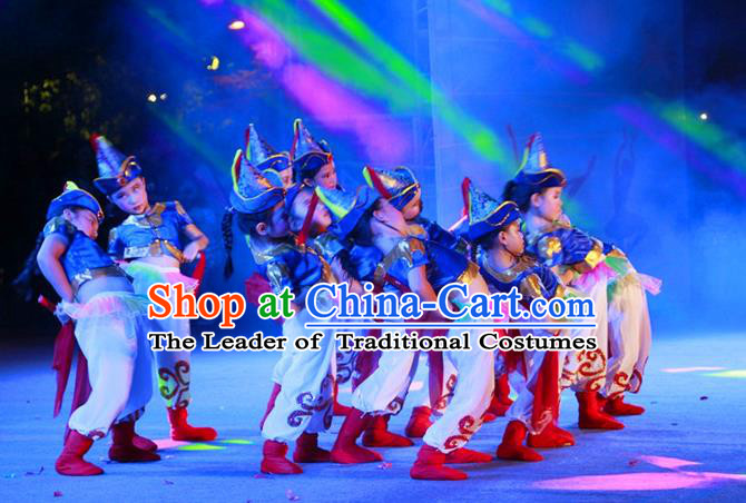 Traditional Chinese Yangge, Children Fan Dancing Wholesale Costume, Folk Dance Yangko Costume, Traditional Chinese Mongolian Minority Nationality Dancewear for Kids