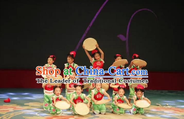 Traditional Chinese Yangge, Children Fan Dancing Wholesale Costume, Folk Dance Yangko Costume, Traditional Chinese Dancewear for Kids