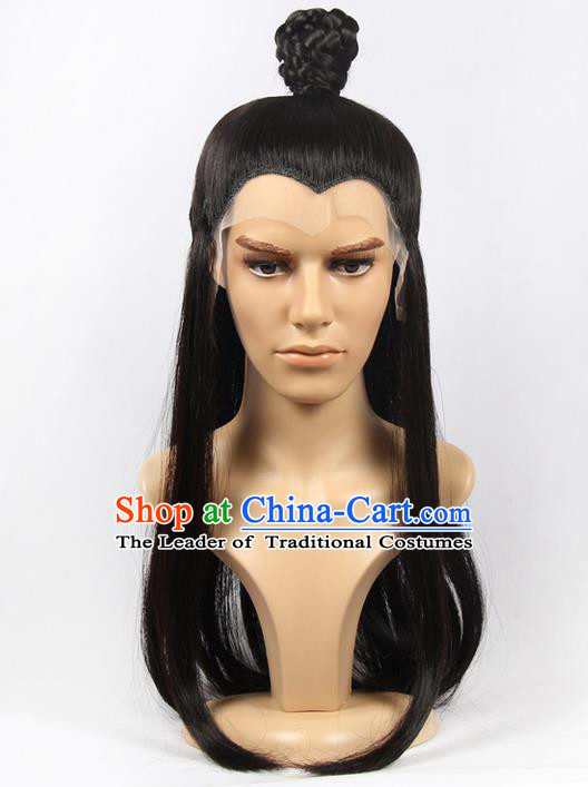 Chinese Ancient Swordsman Long Wig Set, Traditional Chinese Wig Hoods for Men