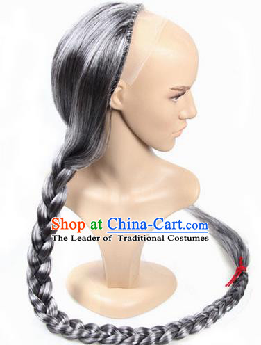 Chinese Ancient Swordsman Long Wig Set, Old Men Wig Set, Traditional Chinese Qing Dynasty Wig Hoods for Men