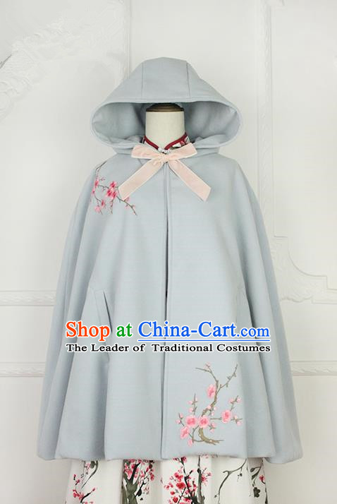 Traditional Classic Chinese Elegant Women Costume Hanfu Woolen Cloak, Restoring Ancient Embroider Plum Blossom Cape for Women