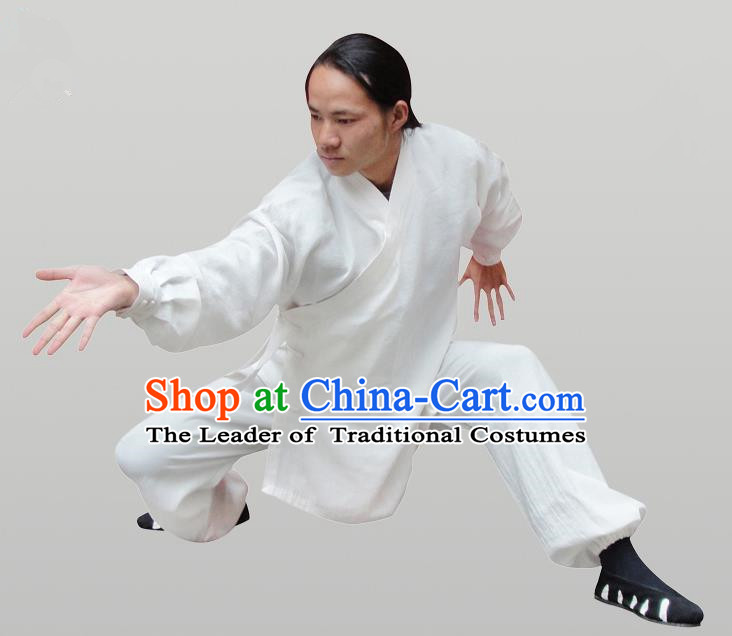 Traditional Chinese Wudang Uniform Taoist Uniform Thicken Linen Slant Opening Priest Frock Complete Set Kungfu Kung Fu Clothing Clothes Pants Slant Opening Shirt Supplies Wu Gong Outfits, Chinese Tang Suit Wushu Clothing Tai Chi Suits Uniforms for Men