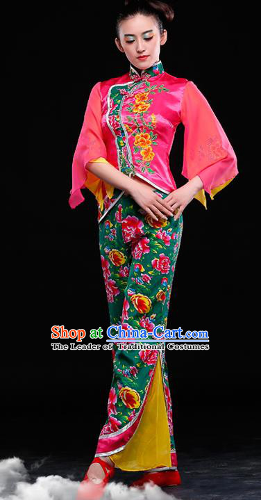 Traditional Chinese Classical Yangko Water-Sleeve Dance Dress, Yangge Fan Dancing Costume Umbrella Dance Suits, Folk Dance Yangko Costume for Women