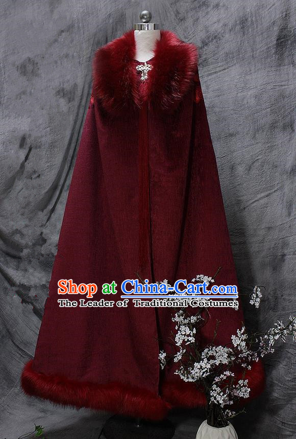 Chinese Ancient Cosplay Costumes Cloak, Chinese Traditional Embroidered Royal Prince Fur Collar Cloak, Ancient Chinese Cosplay Swordsman Knight Cloak for Men