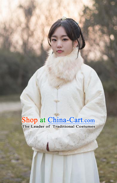 Traditional Chinese Ming Dynasty Young Lady Embroidered Costume White Cotton-Padded Jacket, Asian China Ancient Hanfu Blouse for Women