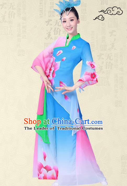 Traditional Chinese Yangge Fan Dance Ink Painting Costume, Folk Umbrella Dance Uniform Classical Dance Blue Clothing for Women