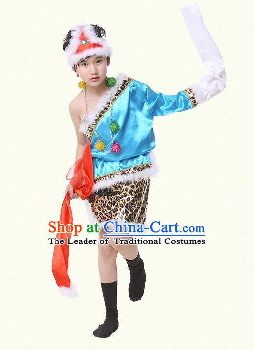 Traditional Chinese Zang Nationality Dance Costume, Children Tibetan Folk Dance Embroidery Blue Clothing for Boys