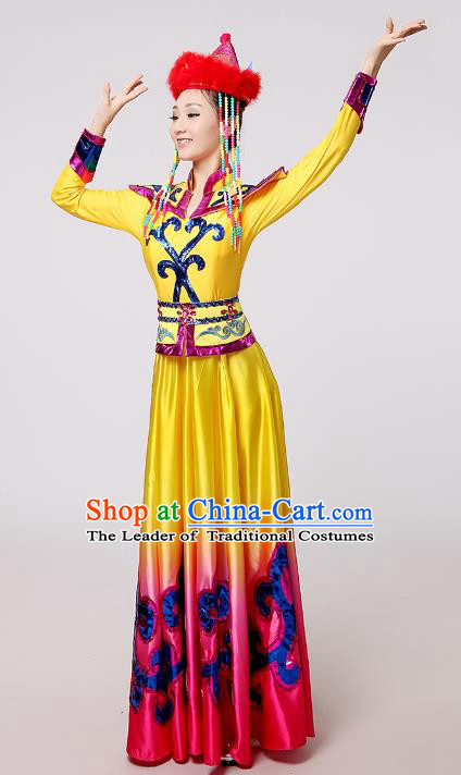 Traditional Chinese Mongol Nationality Dance Costume Yellow Mongolian Robe, China Minority Embroidery Dress Clothing for Women