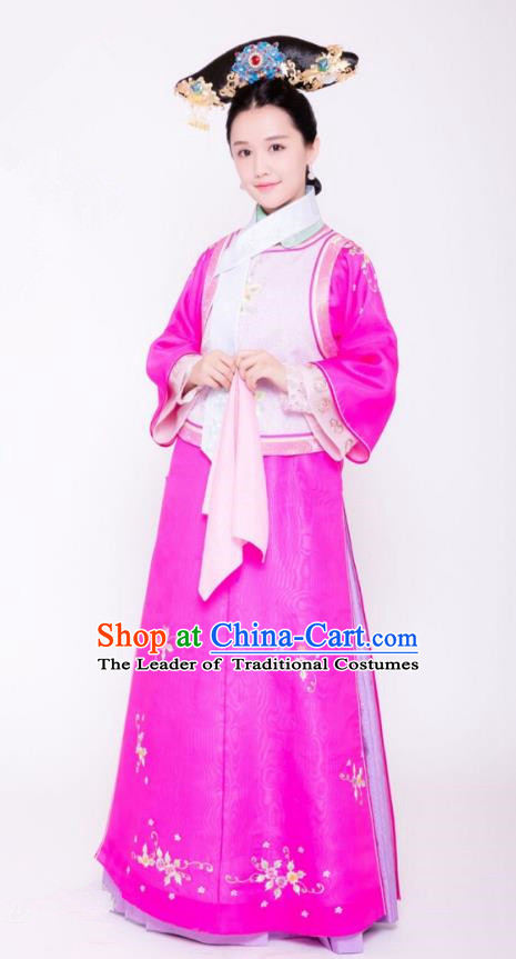 Traditional Chinese Ancient Palace Lady Costume and Handmade Headpiece Complete Set, Asian China Qing Dynasty Manchu Princess Embroidered Clothing