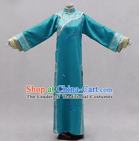 Traditional Ancient Chinese Manchu Palace Lady Costume, Asian Chinese Qing Dynasty Princess Embroidered Blue Dress Clothing for Women