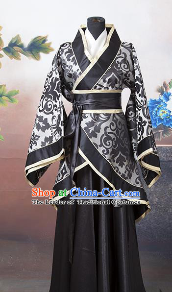 Asian China Ancient Han Dynasty Palace Lady Costume, Traditional Chinese Hanfu Embroidered Black Curve Bottom Clothing for Women