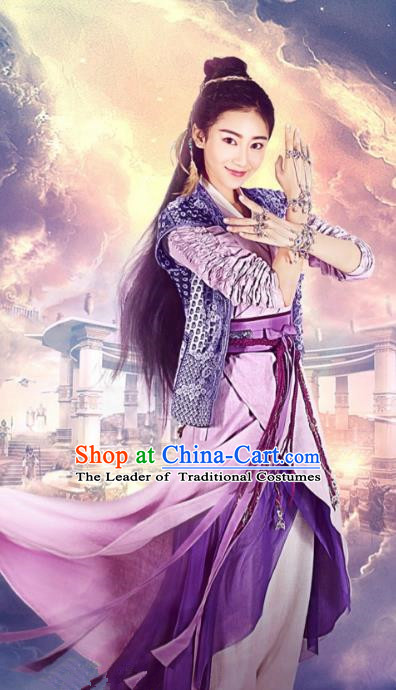 Asian China Tang Dynasty Palace Lady Fairy Costume, Traditional Chinese Ancient Swordswoman Embroidered Hanfu Clothing and Headpiece Complete Set