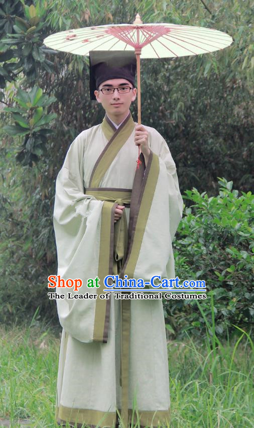 Asian China Han Dynasty Scholar Costume Green Long Robe, Traditional Chinese Ancient Chancellor Hanfu Clothing for Men