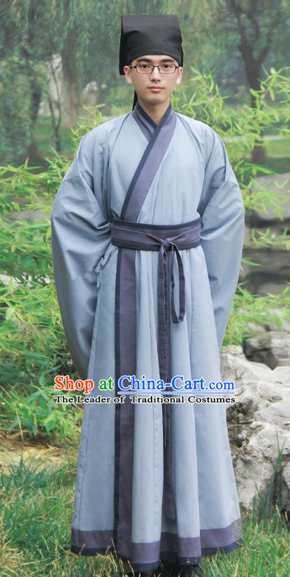 Asian China Han Dynasty Scholar Costume Deep Blue Long Robe, Traditional Chinese Ancient Chancellor Hanfu Clothing for Men