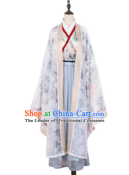 Asian China Jin Dynasty Swordswoman Embroidered Costume Complete Set, Traditional Ancient Chinese Elegant Hanfu Printing Cardigan Clothing for Women