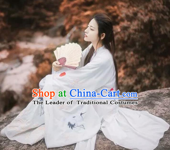 Asian China Jin Dynasty Palace Lady Costume Embroidered Crane Clothing Complete Set, Traditional Ancient Chinese Elegant Hanfu for Women