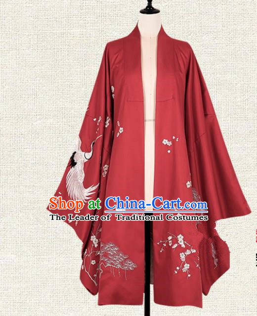 Asian China Ming Dynasty Princess Clothing Embroidered Red Wide Sleeve Cardigan, Traditional Ancient Chinese Palace Lady Hanfu Clothing for Women