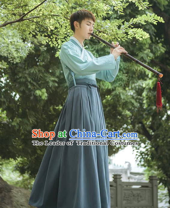 Asian China Han Dynasty Swordsman Embroidered Costume, Traditional Ancient Chinese Elegant Hanfu Green Clothing for Men