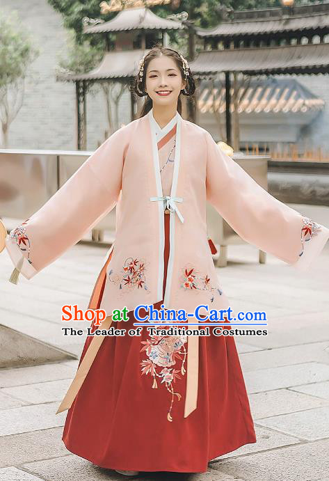 Asian China Ming Dynasty Palace Lady Embroidered Costume, Traditional Ancient Chinese Princess Elegant Hanfu Pink Cardigan for Women