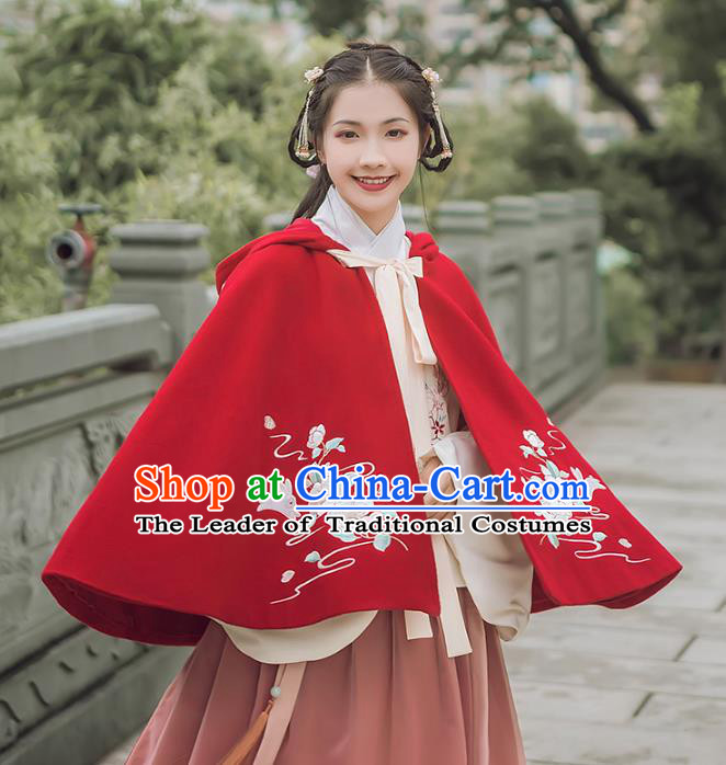 Asian China Ming Dynasty Palace Lady Costume Red Cape, Traditional Ancient Chinese Princess Elegant Embroidered Hanfu Cloak Clothing for Women