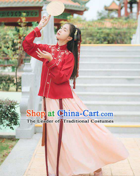 Asian China Ming Dynasty Palace Lady Costume Embroidery Red Blouse and Pink Skirt, Traditional Ancient Chinese Princess Elegant Hanfu Clothing for Women