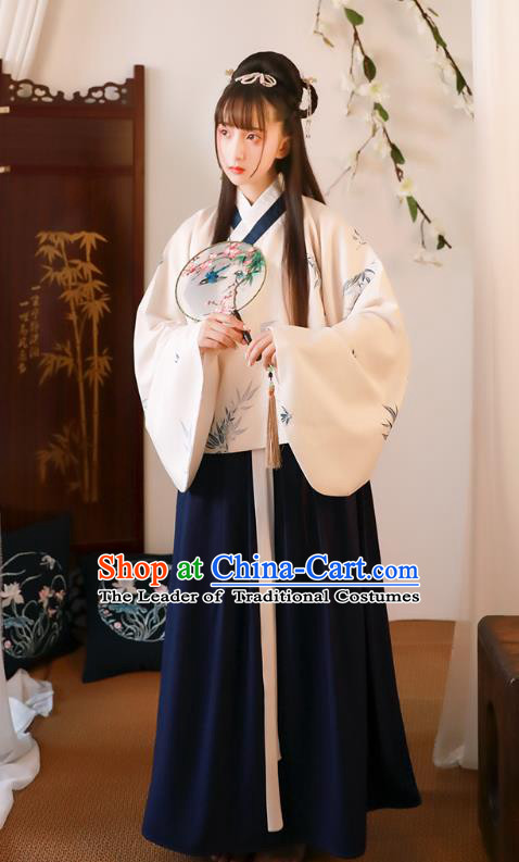 Asian China Ming Dynasty Palace Lady Printing Bamboo Costume, Traditional Ancient Chinese Princess Elegant Hanfu Clothing for Women