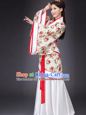 Asian China Ancient Han Dynasty Palace Lady Costume, Traditional Chinese Hanfu Embroidered Curve Bottom Clothing for Women