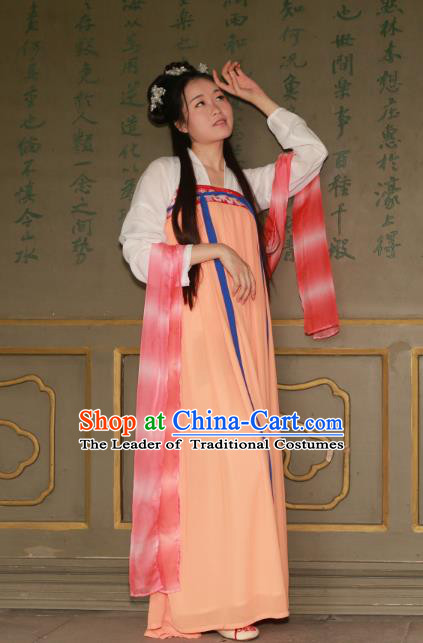 Traditional Ancient Chinese Imperial Princess Hanfu Costume, Asian China Tang Dynasty Palace Lady Orange Dress Clothing for Women