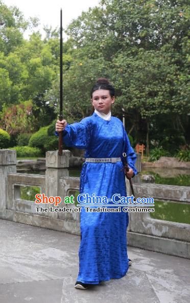 Traditional Ancient Chinese Scholar Hanfu Costume, Asian China Song Dynasty Swordsman Blue Robe Clothing for Men