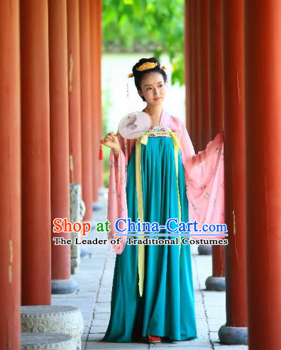 Traditional Chinese Ancient Palace Lady Blue Slip Skirt Costume, Asian China Tang Dynasty Imperial Concubine Hanfu Dress Clothing for Women