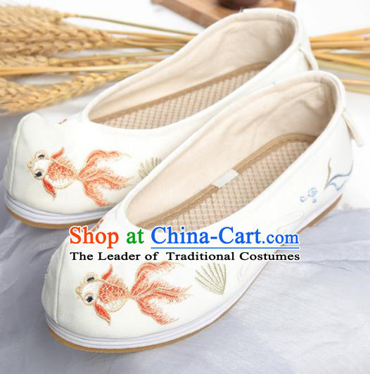 Traditional Ancient Chinese Palace Lady Hanfu Embroidered White Shoes Bow Shoes, Asian China Princess Blood Stained Shoes for Women