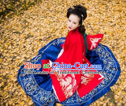 Traditional Ancient Chinese Palace Lady Hanfu Costume Red Embroidered Cloak and Skirt, Asian China Ming Dynasty Empress Clothing for Women