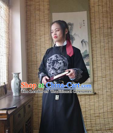 Traditional Ancient Chinese Swordsman Hanfu Costume Embroidered Black Robe, Asian China Tang Dynasty Imperial Guards Clothing for Women