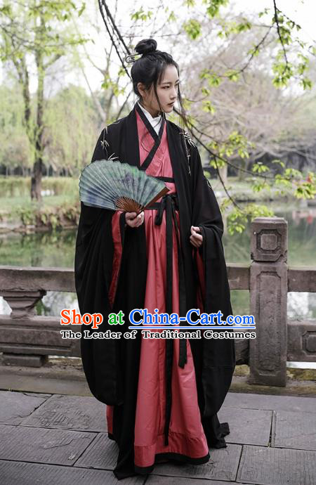 Traditional Ancient Chinese Swordsman Hanfu Costume Embroidered Black Cloak and Robe, Asian China Han Dynasty Scholar Clothing for Men