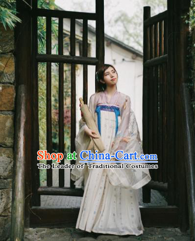 Traditional Chinese Ancient Costume Palace Lady Embroidered Blouse and Slip Skirt, Asian China Tang Dynasty Princess Hanfu Clothing for Women