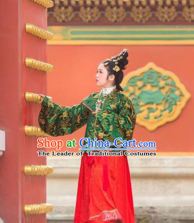 Traditional Chinese Ancient Costume Princess Green Embroidered Blouse and Skirt, Asian China Ming Dynasty Palace Lady Hanfu Clothing for Women