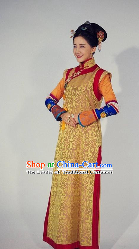 Traditional Chinese Qing Dynasty Palace Lady Costume and Headpiece Complete Set, China Ancient Manchu Imperial Concubine Mandarin Embroidered Clothing