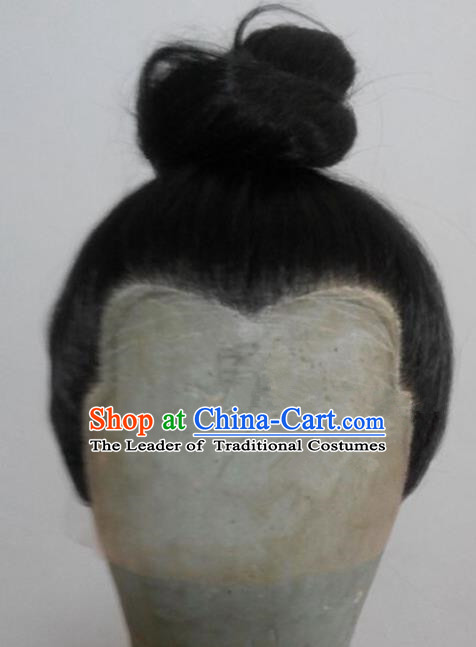 Chinese Ancient Opera Swordsman Young Men Chignon Wig, Traditional Chinese Beijing Opera Kawaler Taoist Priest Wig Sheath for Men