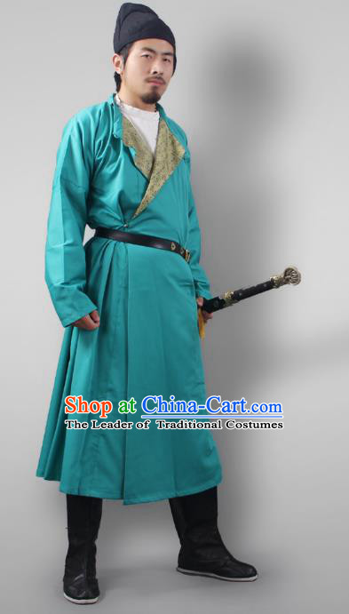 Asian China Tang Dynasty Swordsman Costume Blue Robe, Traditional Ancient Chinese Imperial Bodyguard Clothing for Men