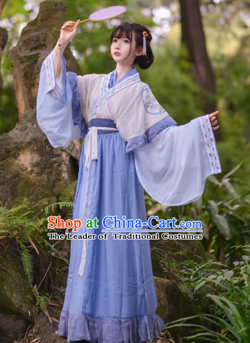 Asian China Jin Dynasty Young Lady Costume, Traditional Ancient Chinese Princess Hanfu Embroidered Clothing for Women