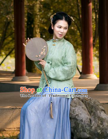 Asian China Ming Dynasty Princess Costume Green Blouse, Traditional Ancient Chinese Palace Lady Embroidered Hanfu Shirts Clothing for Women