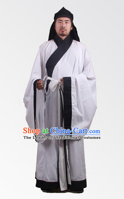 Asian China Song Dynasty Minister Costume White Robe, Traditional Ancient Chinese Chancellor Hanfu Clothing for Men