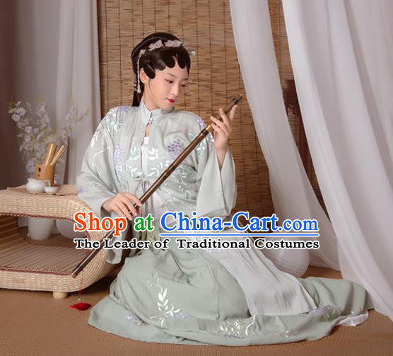 Asian China Ming Dynasty Princess Costume Complete Set, Traditional Ancient Chinese Palace Lady Hanfu Embroidered Green Clothing for Women