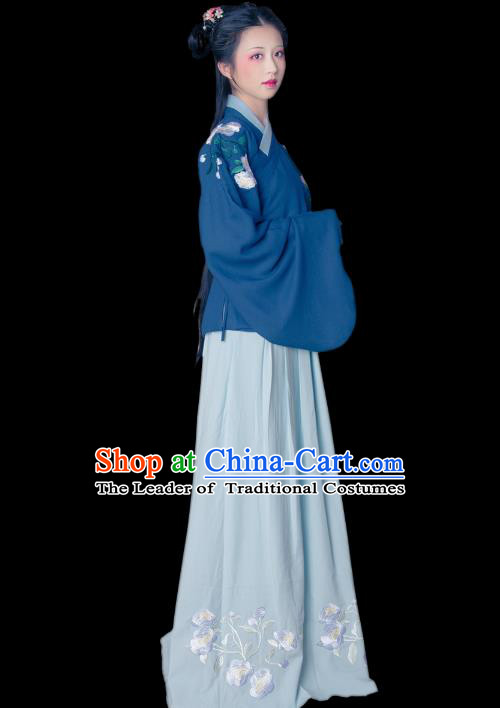 Asian China Ming Dynasty Princess Costume Embroidered Blouse and Skirt, Traditional Ancient Chinese Young Lady Hanfu Clothing for Women