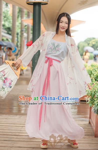 Asian China Song Dynasty Young Lady Embroidered Costume, Traditional Ancient Chinese Hanfu Blouse and Skirt Clothing for Women