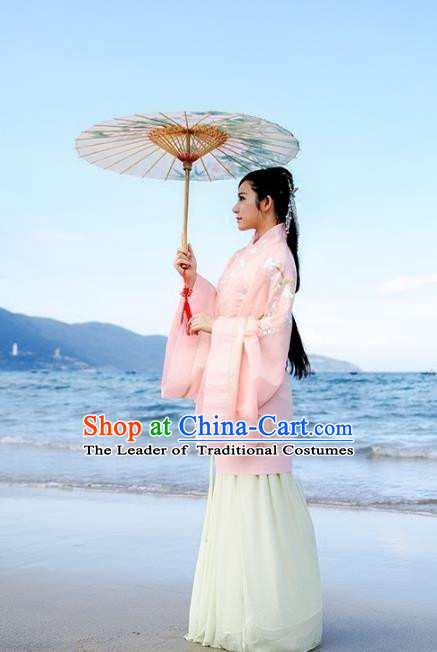 Asian China Han Dynasty Palace Lady Embroidered Costume, Traditional Chinese Ancient Hanfu Curve Bottom Princess Clothing for Women