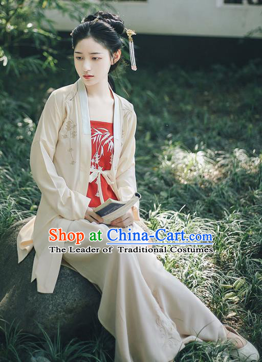 Traditional Chinese Song Dynasty Young Lady Costume Ancient Hanfu Embroidered Blouse and Pants Complete Set for Women