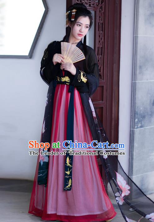 Traditional Chinese Tang Dynasty Palace Lady Princess Hanfu Embroidered Butterfly Costume for Women