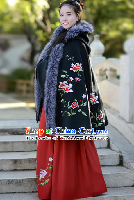 Traditional Chinese Ming Dynasty Palace Lady Princess Hanfu Embroidered Flowers Black Cloak Costume for Women